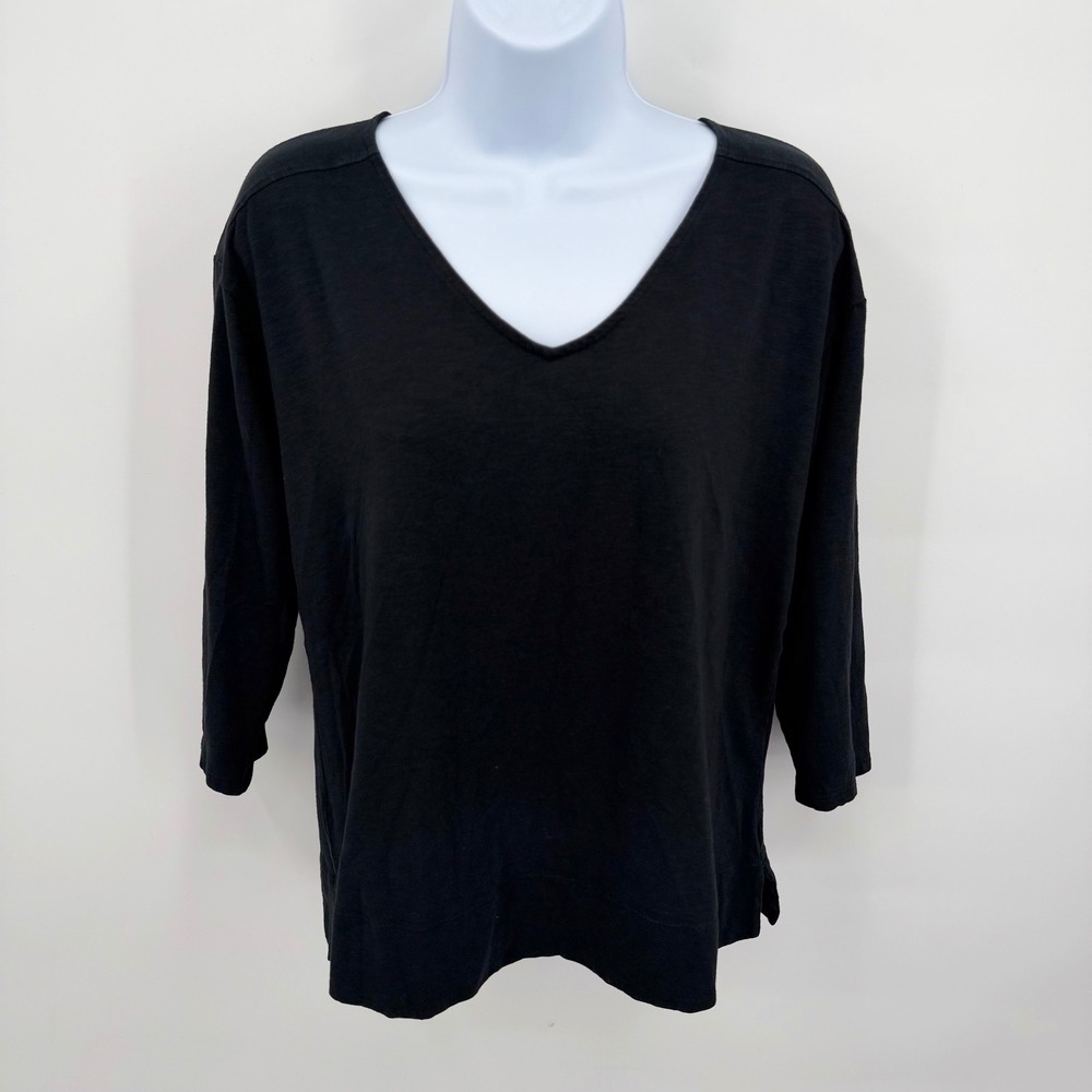 J. Jill Women's S Shirt Top Black V-Neck 3/4 Sleeve Cotton Modal Blend Slub Knit